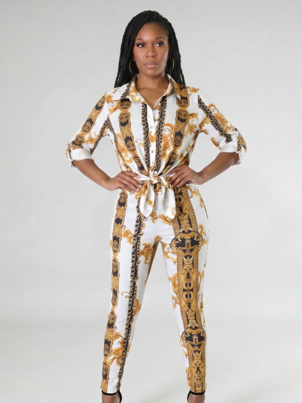 Baroque Print Tie-Front Blouse in White & Gold
